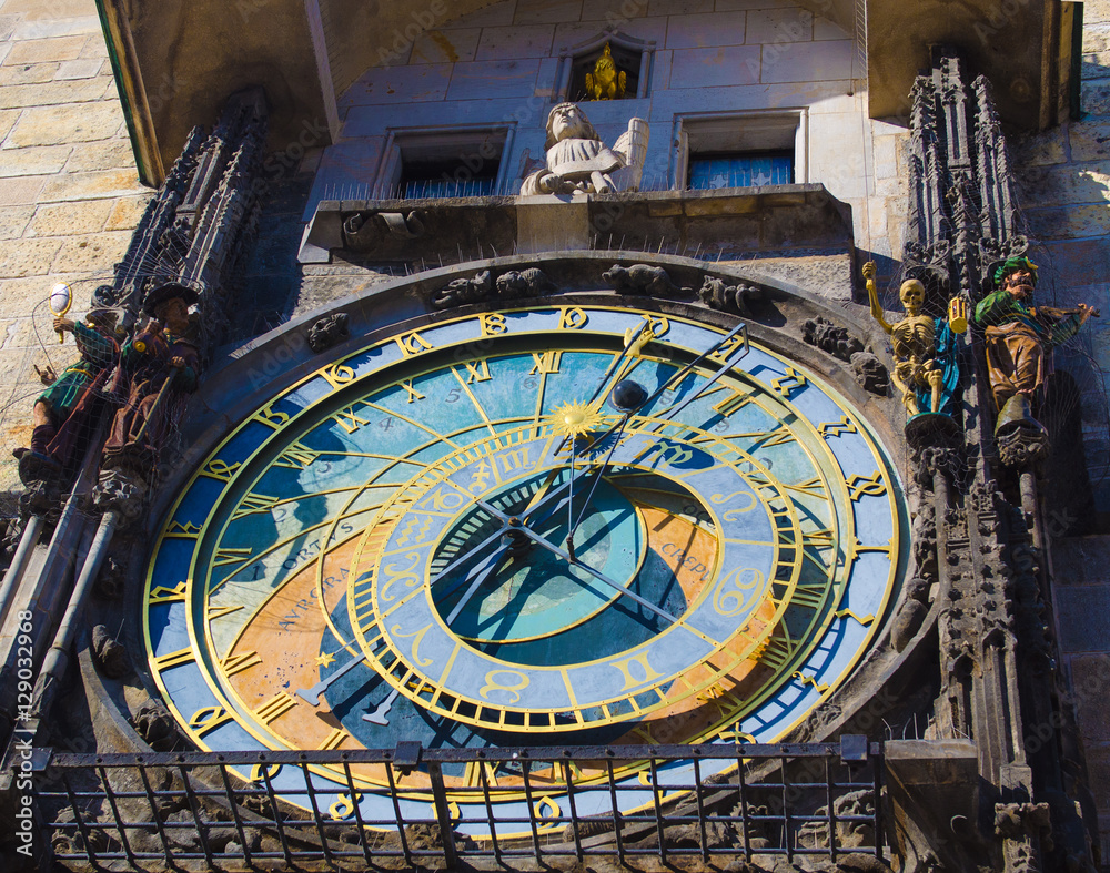 Close up of Prague ancient famous astronomical clock, called orloj, with zodiac signs in the center of medieval Czech capital