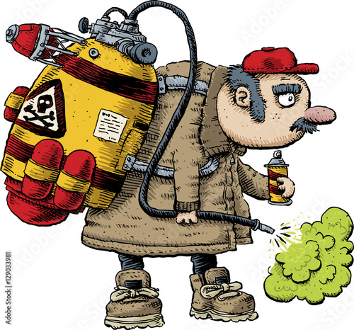 A haggard, sad cartoon exterminator with huge tanks of toxic poison on his back and a hose praying green gas.