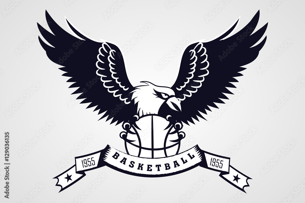 Fototapeta premium wild eagle with the ball in his paws. sports the emblem of the basketball team. logo, icon. ribbon with the inscription.black and white tattoo
