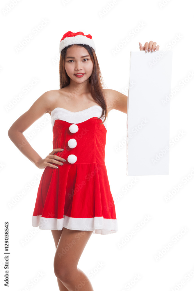 Asian Christmas Santa Claus girl with blank sign.