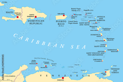 Lesser Antilles political map. The Caribbees with Haiti, the Dominican Republic and Puerto Rico in the Caribbean Sea. With capitals and national borders. English labeling. Illustration. Vector.