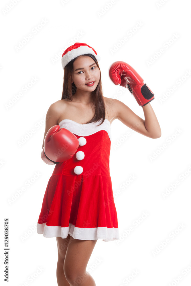 Asian Christmas Santa Claus girl with boxing glove. Asian Christmas Santa Claus girl with boxing glove.
