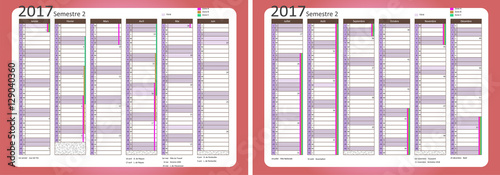 Calendrier 2017 avec vacances scolaires. 2 semestre, Recto-Verso.
