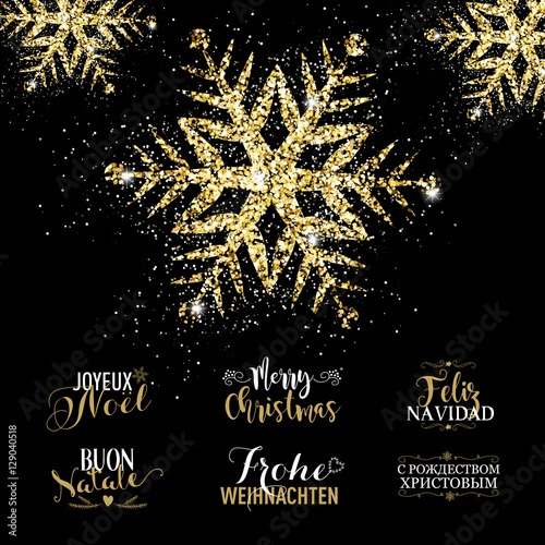 Eleganti auguri di buon natale con fiocco di neve dorato splendente. Auguri in lingua