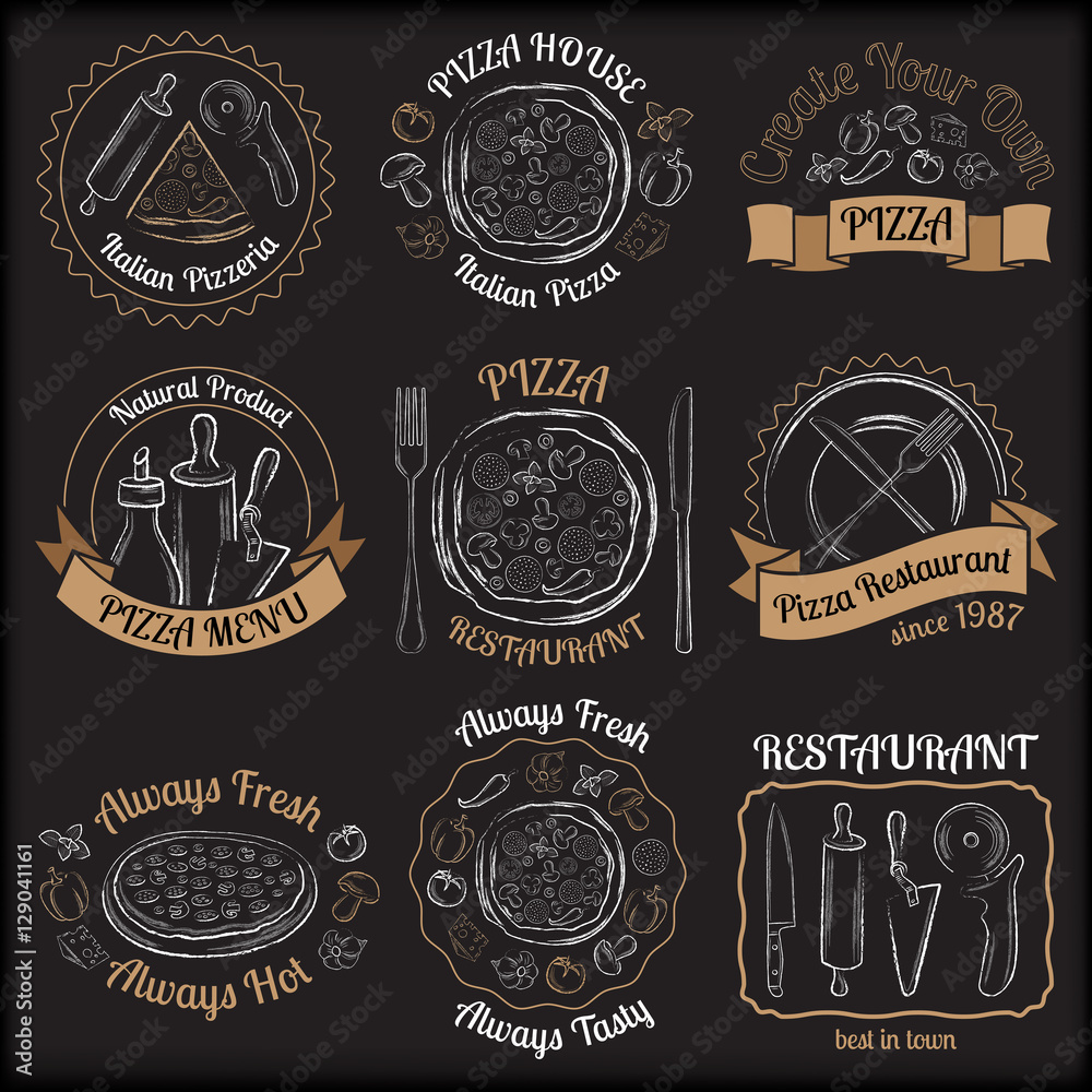 Set of pizza menu restaurant white and beige badges on black bac