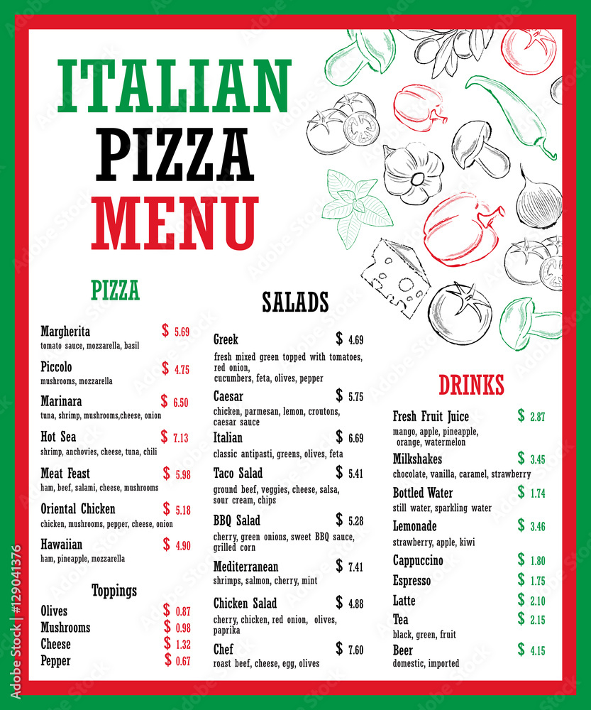 Italian pizza menu title with hand drawn ingredients Stock Vector