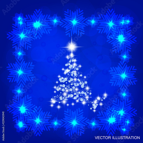 Background in abstract blue colours with christmas tree. Vector illustration.