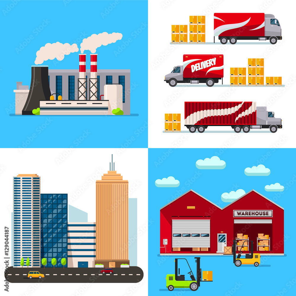 Warehouse, Factory building, city and transportation cars flat style concept