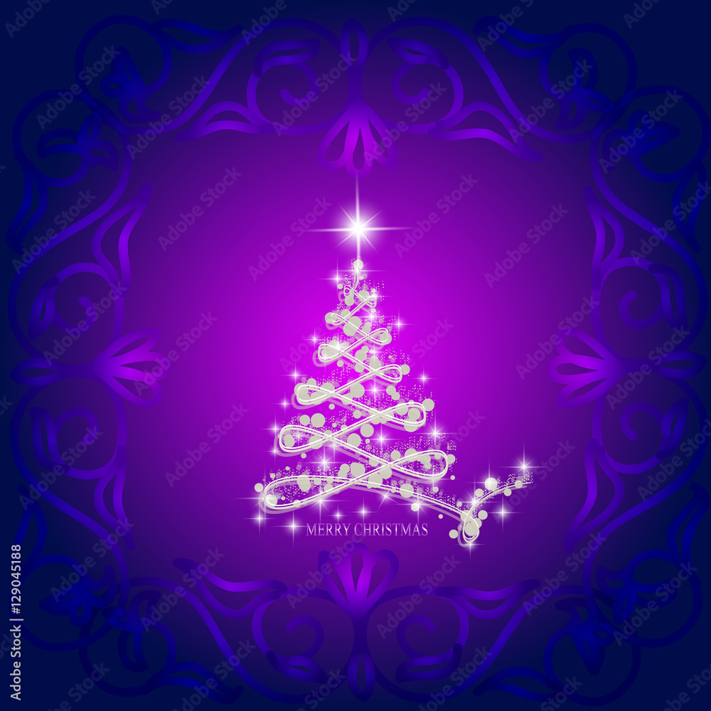 Abstract waves background with christmas tree. Illustration in blue and white colors.