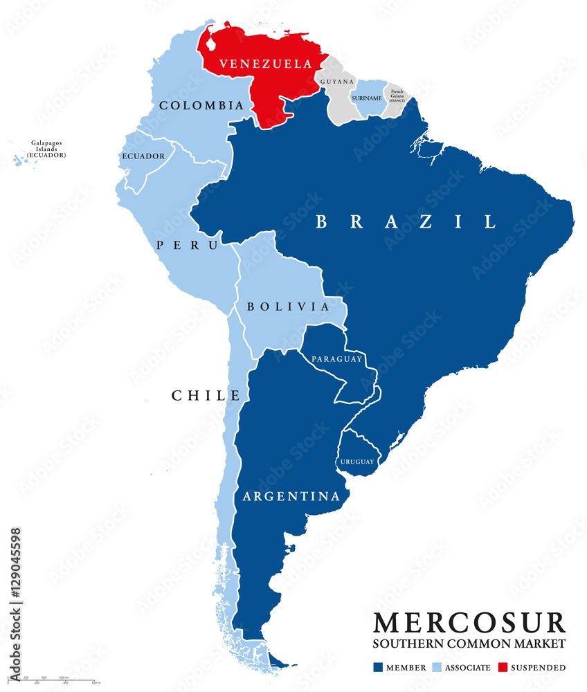 MERCOSUR countries map with suspended member Venezuela. Southern Common Market, also Mercosul. Free trade bloc with members Argentina, Brazil, Paraguay, Uruguay. English labeling. Illustration. Vector