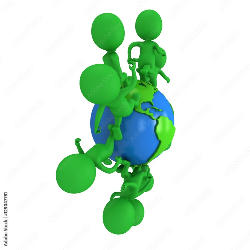 Small green eco people running around the world. Travel and international concept. 3d render illustration isolated on white. Small green eco people running around the world. Travel and international concept. 3d render illustration isolated on white.