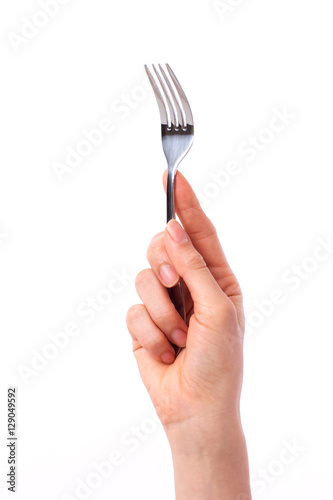 hand holding fork, picking or selecting something up on blank space © 9nong