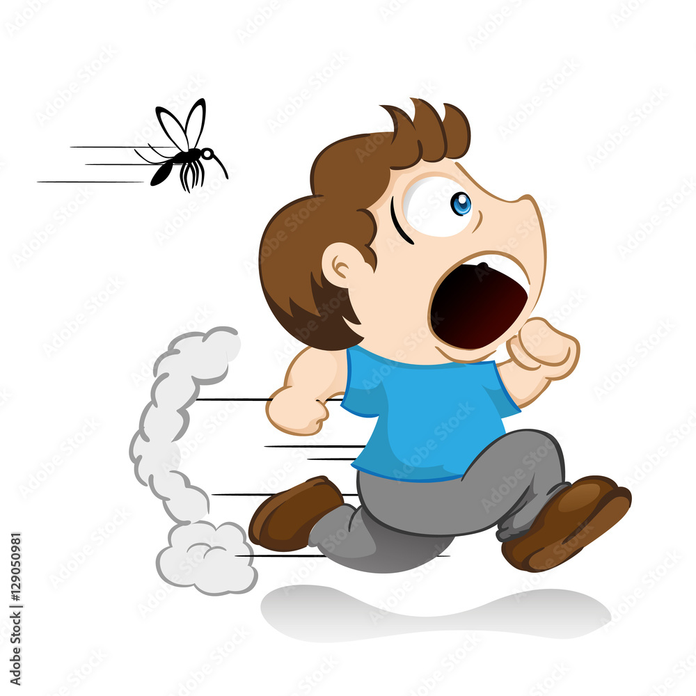 Yuyu character, boy mascot running away running from a dengue mosquito, malaria, yellow fever, Aedes Aegypti Yuyu character, boy mascot running away running from a dengue mosquito, malaria, yellow fever, Aedes Aegypti