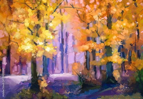 Oil painting landscape - colorful autumn trees. Semi abstract image of forest, trees with yellow - red leaf. Autumn, Fall season nature background. Hand Painted autumn landscape, Impressionist style