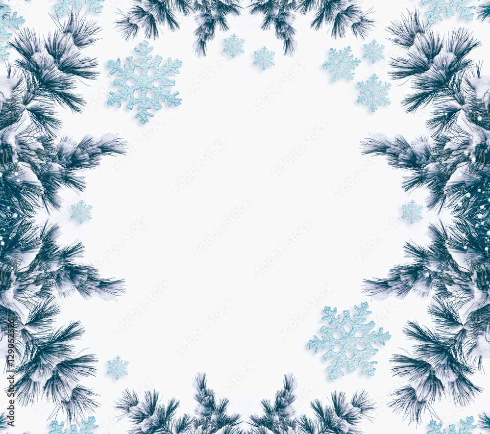 Snow covered trees. frame. Festive Christmas composition. Card.