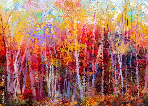 Oil painting landscape, colorful autumn trees. Semi abstract paintings image of forest, aspen tree with yellow, red leaf. Fall season nature background. Hand Painted Impressionist, outdoor landscape