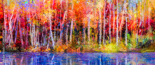 Plakat Obraz olejny kolorowe jesienne drzewa. Semi abstrakcyjny obraz lasu, osika drzewa z żółto - czerwony liść i jeziora. Jesień, jesień sezon natura tło. Ręcznie malowany impresjonista, krajobraz zewnętrzny