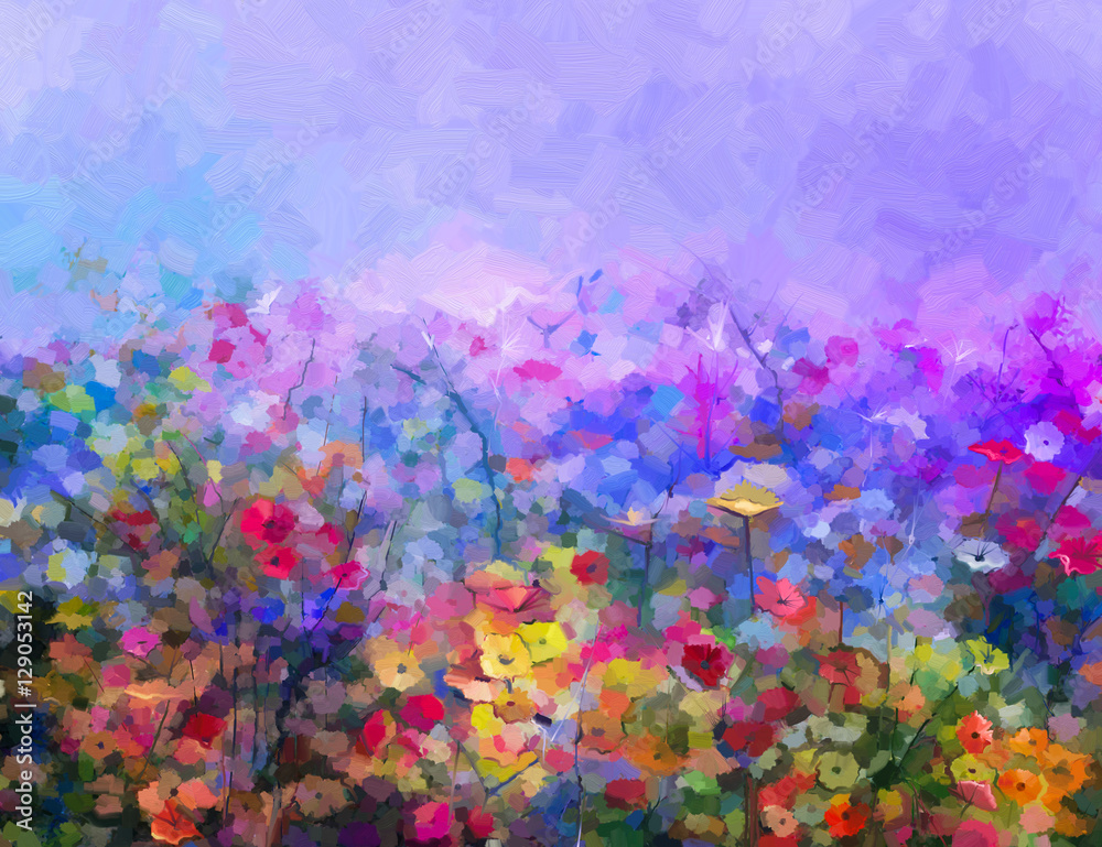 Abstract colorful oil painting purple cosmos flower, daisy, wildflower in field. Yellow and red wildflowers at meadow with blue sky. Spring, summer season nature background. - obrazy, fototapety, plakaty 