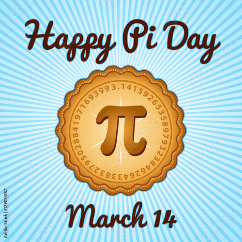 Happy Pi Day, March 14, to celebrate the mathematical constant Pi, 3.14, and to eat lots of fresh baked sweet pie, international holiday, blue rays background.