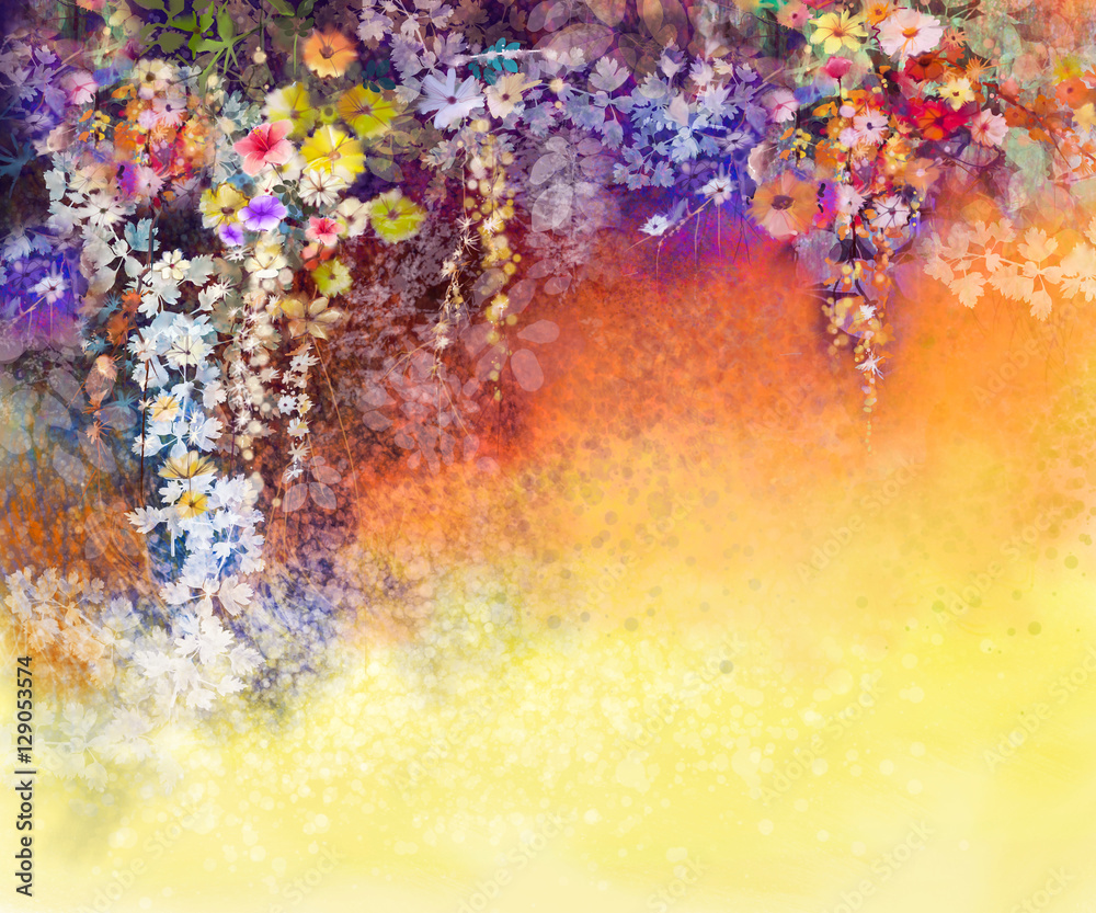 Fototapeta premium Abstract floral watercolor painting. Hand painted White, Yellow and Red flowers in soft color on blue green color background. Ivy flowers in tree park. Spring flower seasonal nature background