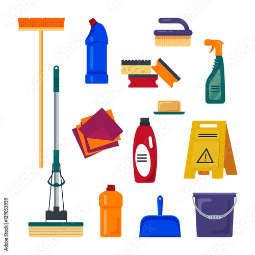Cleaning service. Set house  tools icons logo isolated on white background, flat vector illustration, household equipment