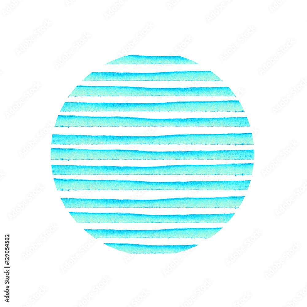 Circle of blue stripe painted in watercolor. Retro style background. Element design for posters, stickers, banners, invitations, wedding.