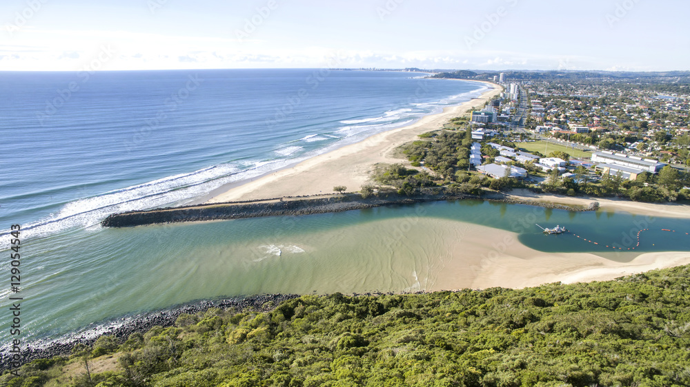 Aerial view of Tallebudgera beach, and surrounds, view from Burleigh Headland. Gold Coast, Australia