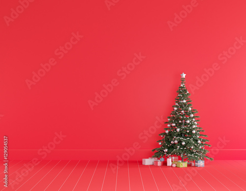 Interior red wall room christmas minimal concept.