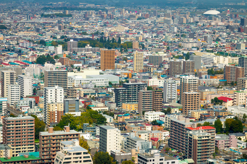 Aerial view toward northern Sapporo, Hokkaido, Japan
