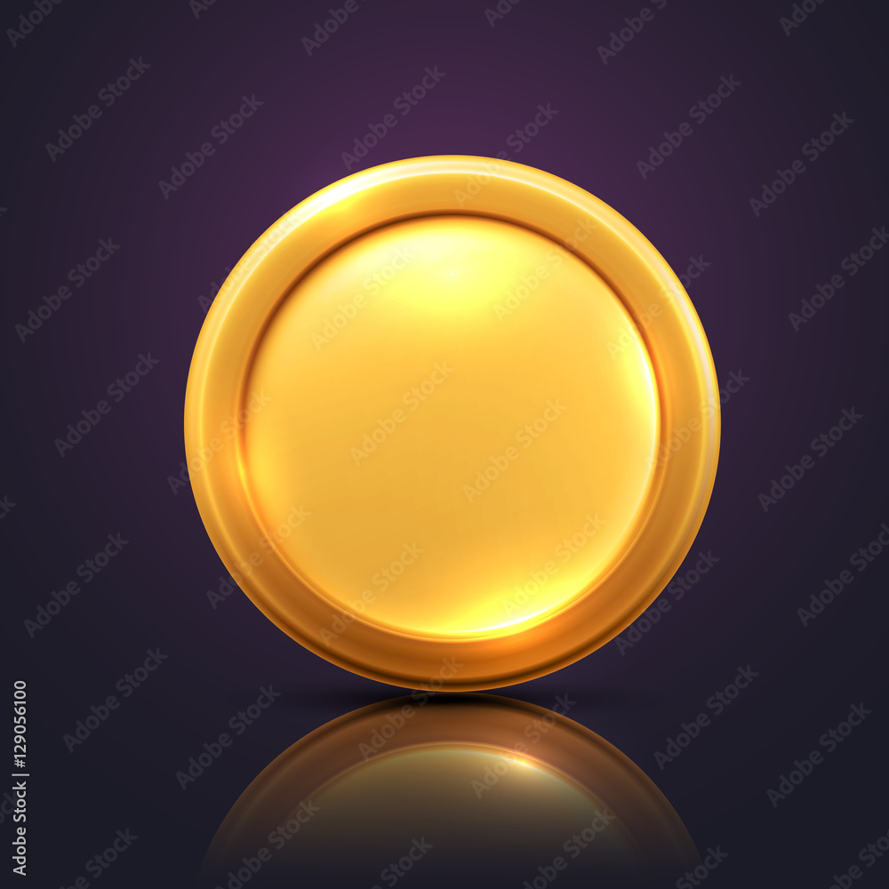 Vector illustration of gold coin with reflection on dark