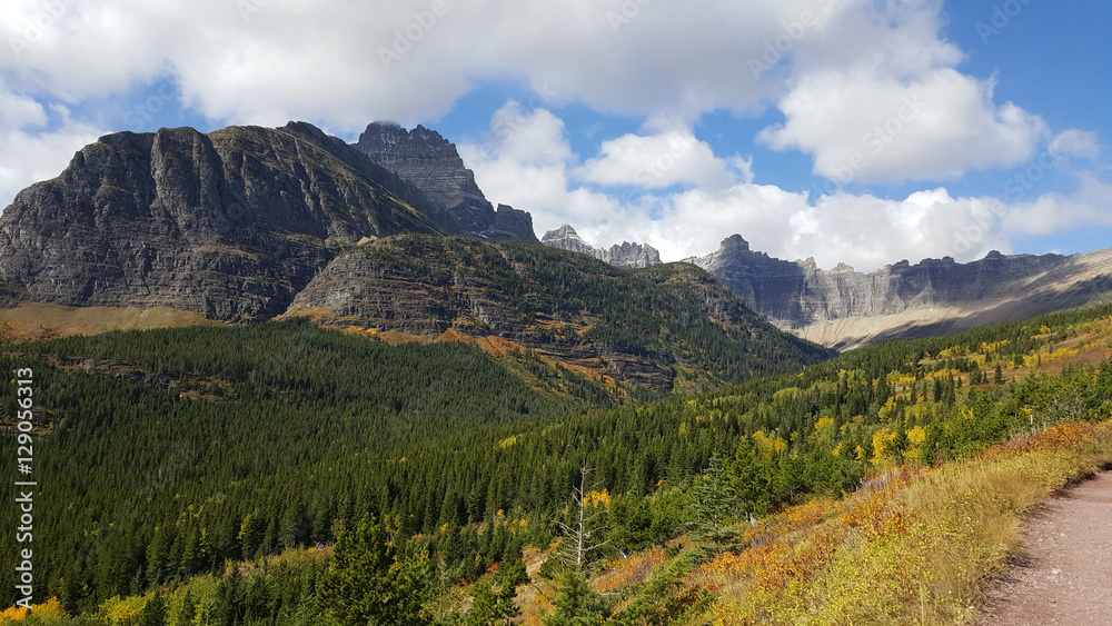 The valley and mountains of the Many Glacier area in Glacier National Park on a glorious autumn day.