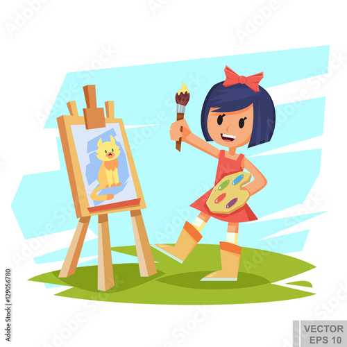 artist girl child painting cat on canvas. character design. Creative people professions collection. Cute cartoon vector illustration