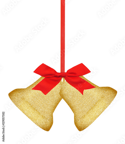 Golden Christmas bells and red bow on ribbon isolated on white b
