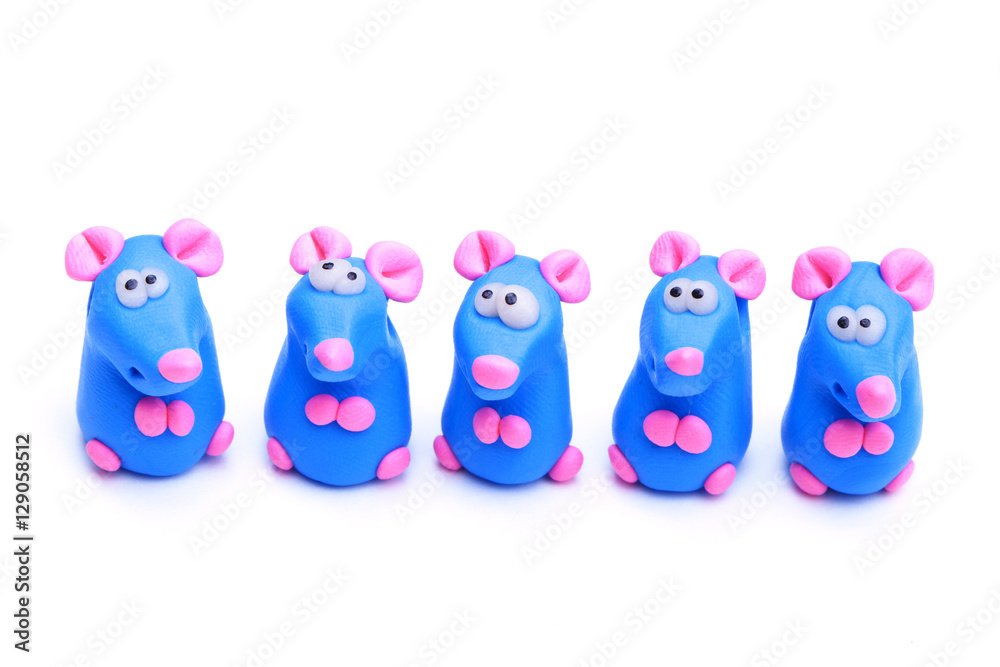Group of clay toys (mouse). Isolated on white background, horizo