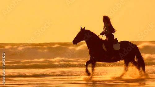 Horses riding on the beach at sunset