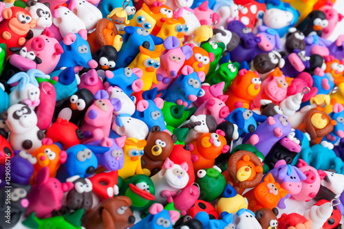 Large group of clay toys. Horizontal shot, high angle