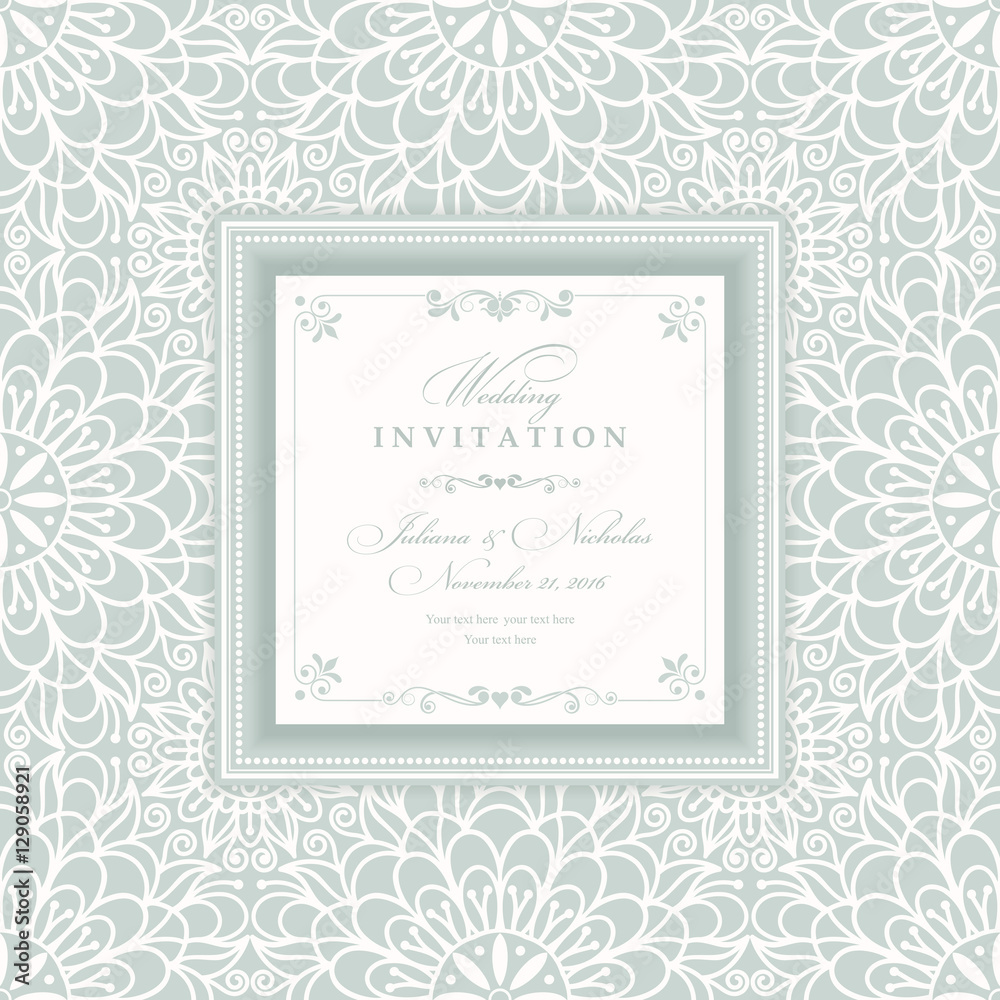 Wedding invitation card arabic, mandala, blue and beige.