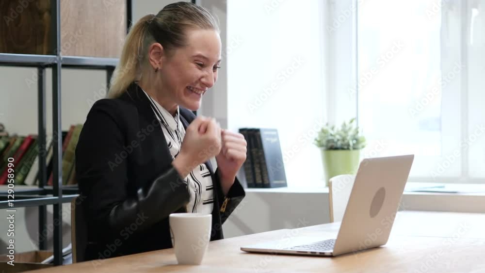 Celebrating Success, Excited Business Woman Working on Laptop