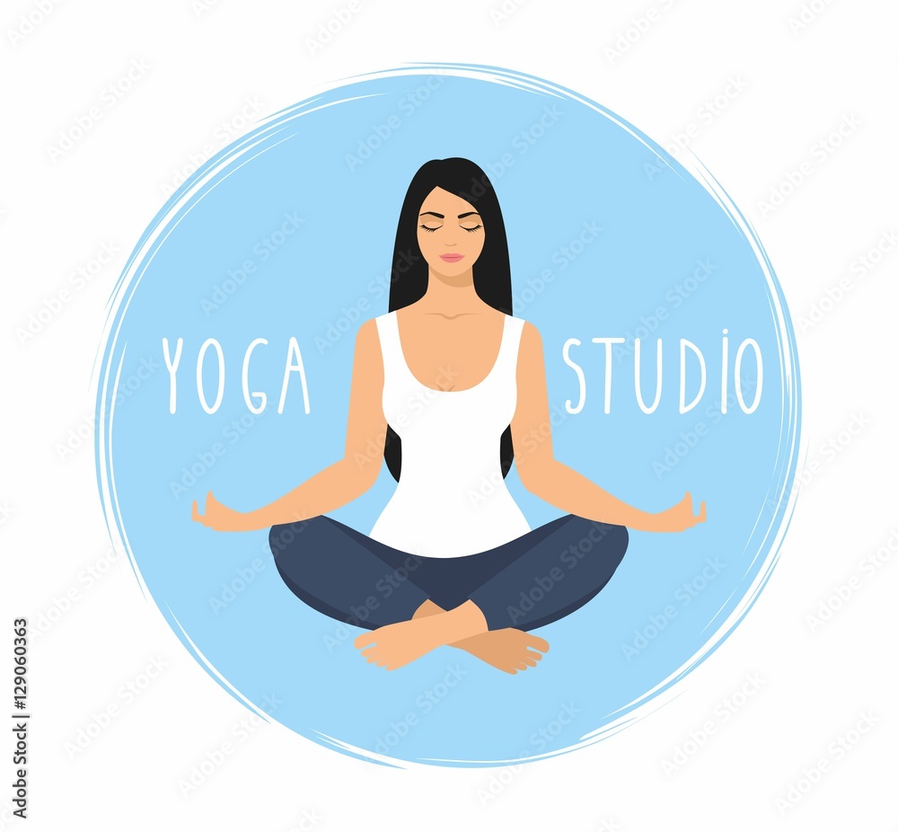 Young woman sitting in yoga lotus pose. Meditating girl illustration. Yoga woman, meditation, anti-stress people with speech bubble. Young woman sitting in yoga lotus pose. Meditating girl illustration. Yoga woman, meditation, anti-stress people with speech bubble.