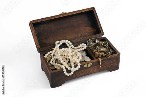 box with jewelery and coins