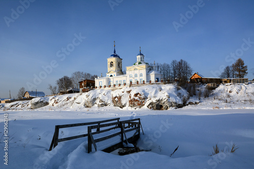 Winter view of the Russian Orthodox Church of St. George in Sloboda village.
