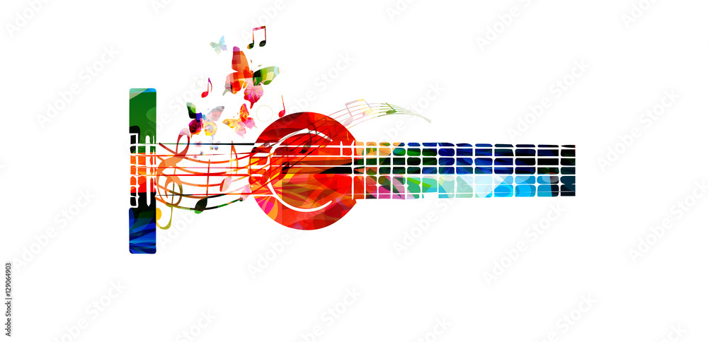 Colorful guitar with music notes vector illustration. Music background.  Music instrument poster. Guitar design with g-clef for music event. Treble  clef and music notes, musical symbols with guitar Stock Vector | Adobe