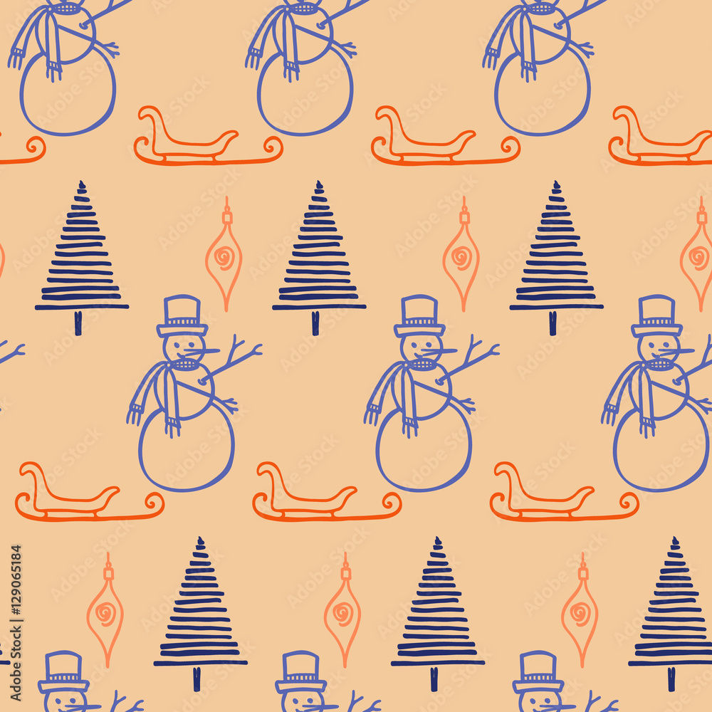 Christmas background. Christmas tree, sleigh and snowman. Illustration for a wrapping paper, wallpaper. Seamless vector pattern.. Christmas background. Christmas tree, sleigh and snowman. Illustration for a wrapping paper, wallpaper. Seamless vector pattern..