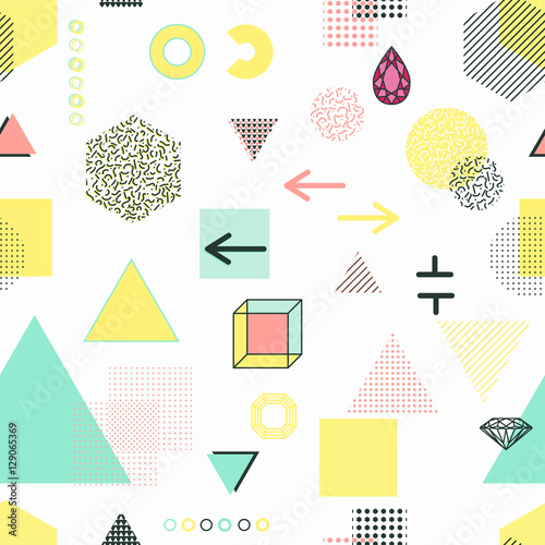 Trendy geometric elements memphis cards, seamless pattern.