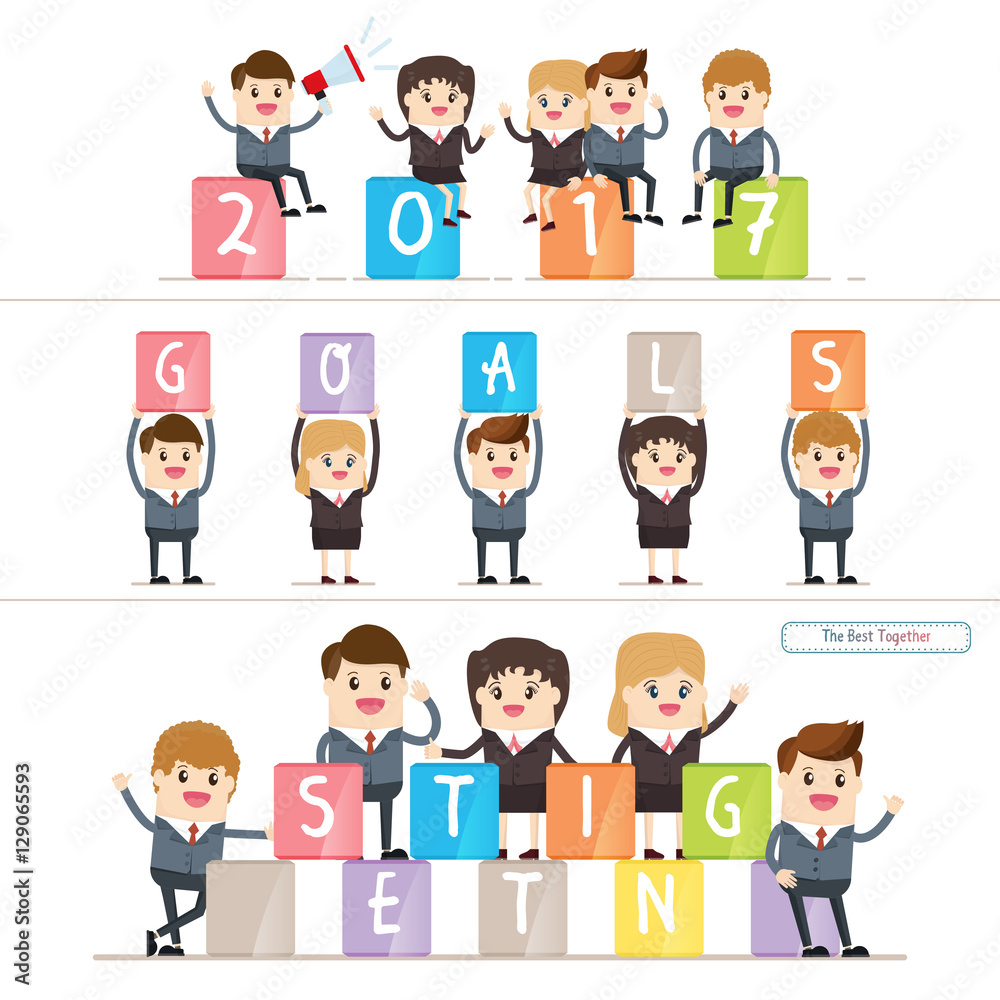 group of business people with colourful cubic box, businessman and businesswoman have spirit of teamwork, 2017 goals setting .. group of business people with colourful cubic box, businessman and businesswoman have spirit of teamwork, 2017 goals setting ..