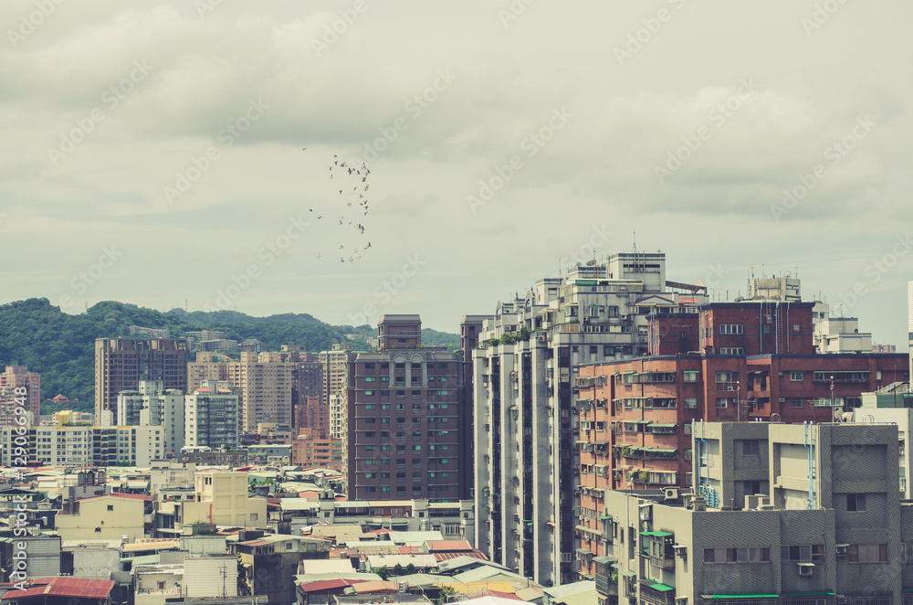 Image of residential area of New Taipei City, Taiwan. Sky is cloudy and birds are flying. Retro effect. 