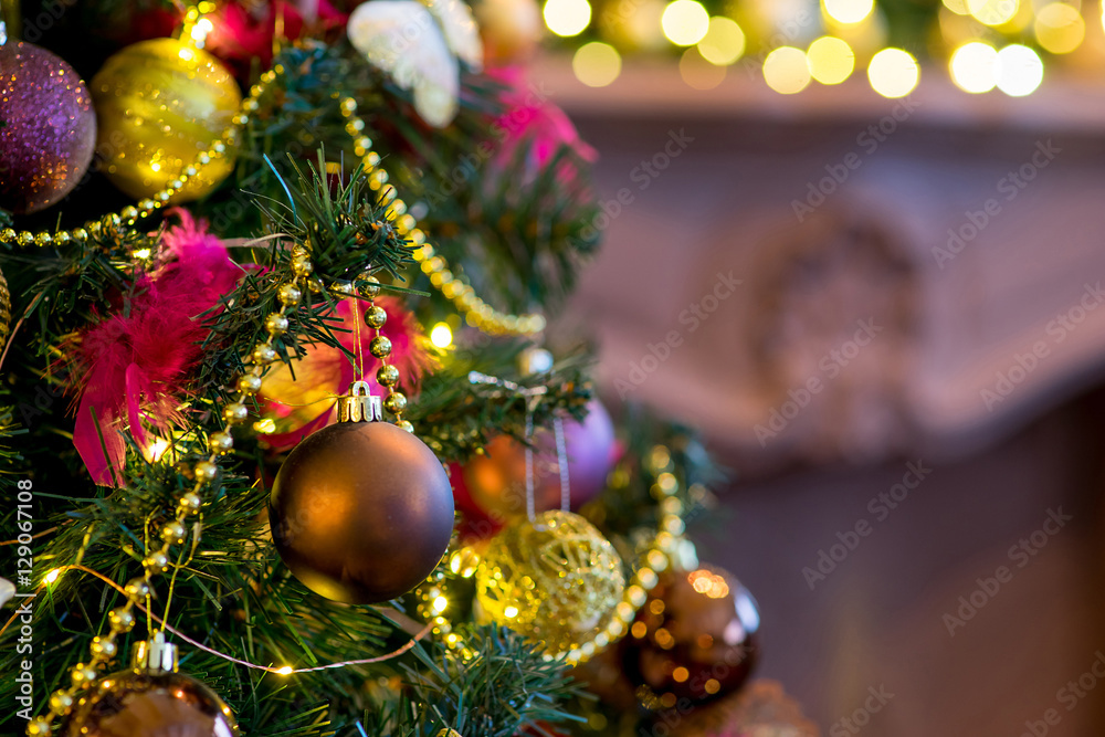 New Year background in purple and gold colors. Bokeh