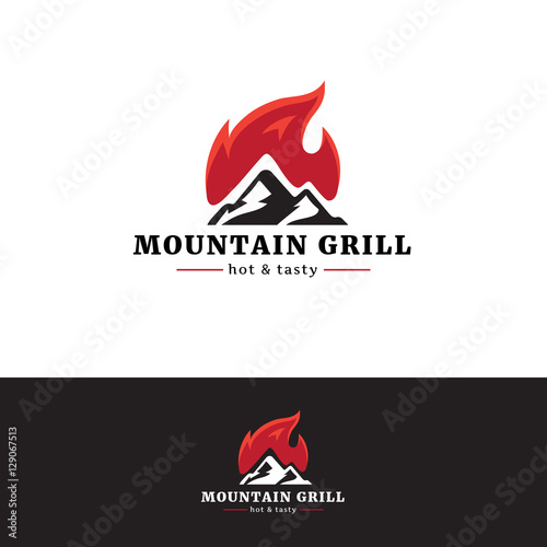 Mountain grill restaurant logo. Minimalistic logotype with fire.