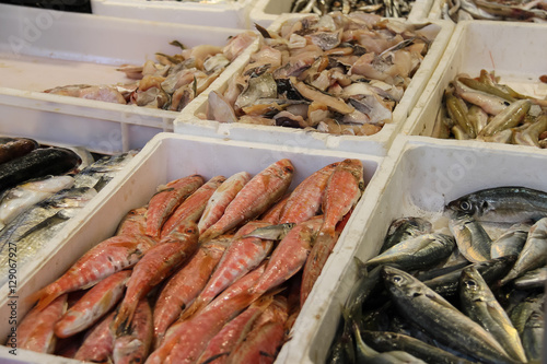 Sale of seafood products in the street market