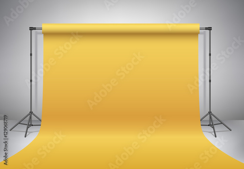 Empty photo studio. Realistic 3D template mock up. Backdrop stand (tripods) with golden paper backdrop. Gold background. Vector illustration.